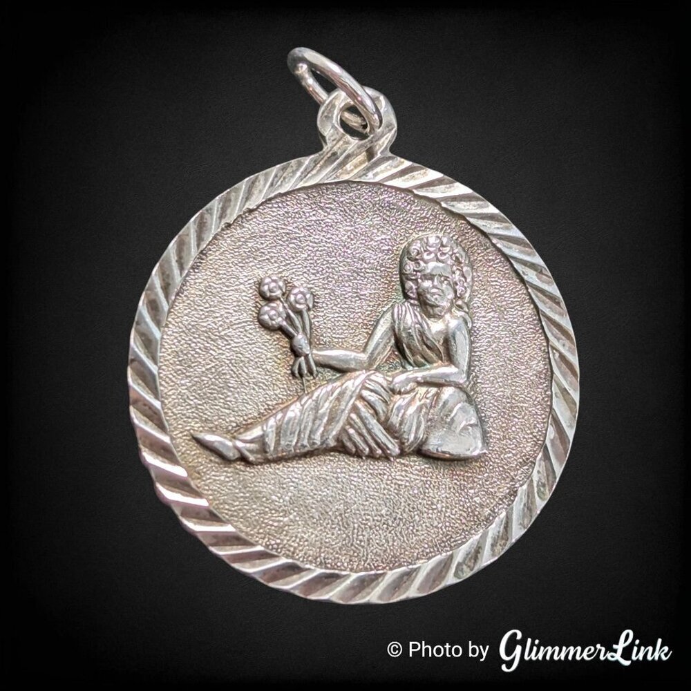 Vintage Sterling Silver Virgo Zodiac Pendant S&K Maiden Relief Medallion 60s 70s